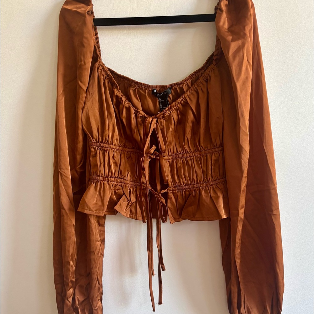 Forever 21 Brown Boho Smocked Tie Front Blouse